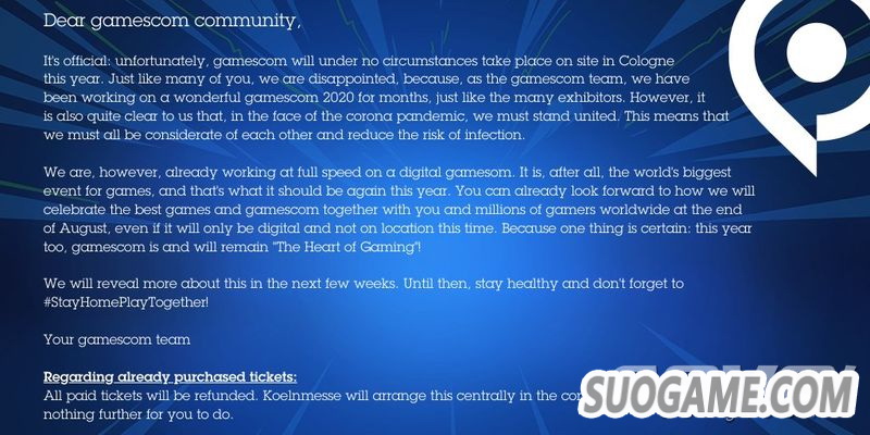 Gamescom 2020确认将以线上发布会的形式举行 展前发布会同理