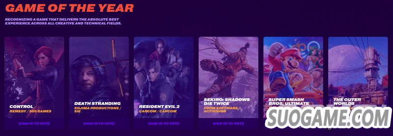 TGA 2019提名名单公开 只狼生化2死亡搁浅等6款作品角逐年度游戏