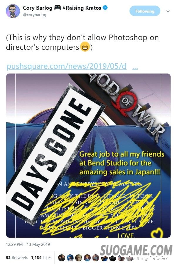 《往日不再》日本销量超过《战神》 Cory Barlog发文祝贺