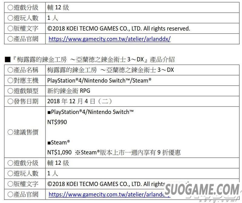 工作室亚兰德三部曲合集及单品Steam繁体中文版价格调整